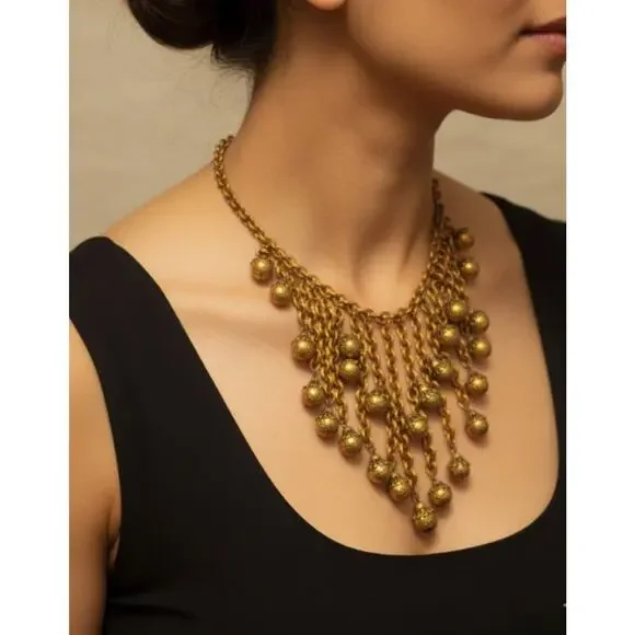 Unsigned Miriam Haskell Heavy Gold Chain Filigree Ball Dangle Tassel Jewelry